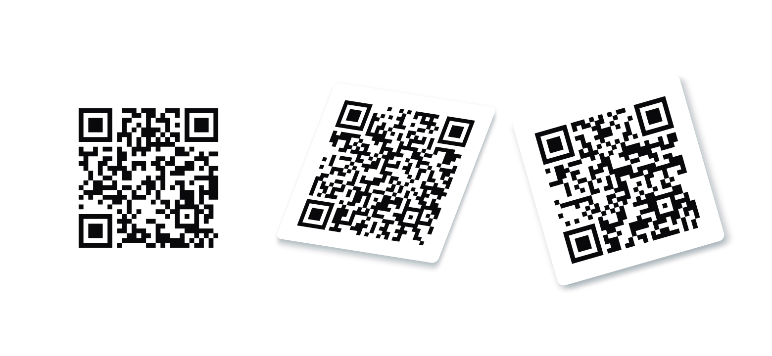 Three QR codes at different angles, one sheared, in a single image